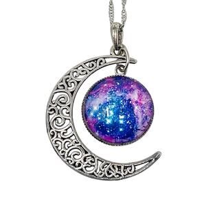 Silver Tone Celestial Necklace Crescent Moon Galaxy Planet Moon 16" Chain Whimsy